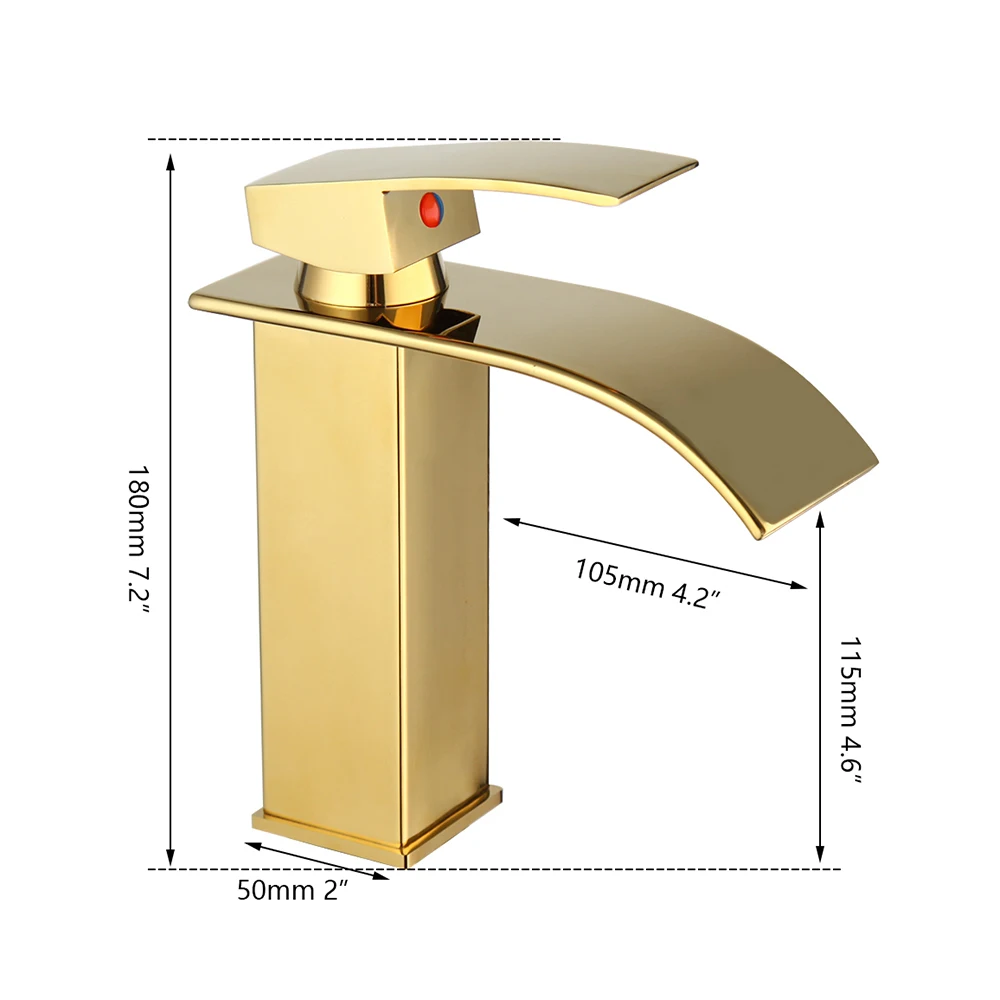 SINLAKU Golden Plated Bathroom Basin Faucet Wash Tap Deck Mounted Waterfall Spout Single Handle Control Hot Cold Mixer Faucets