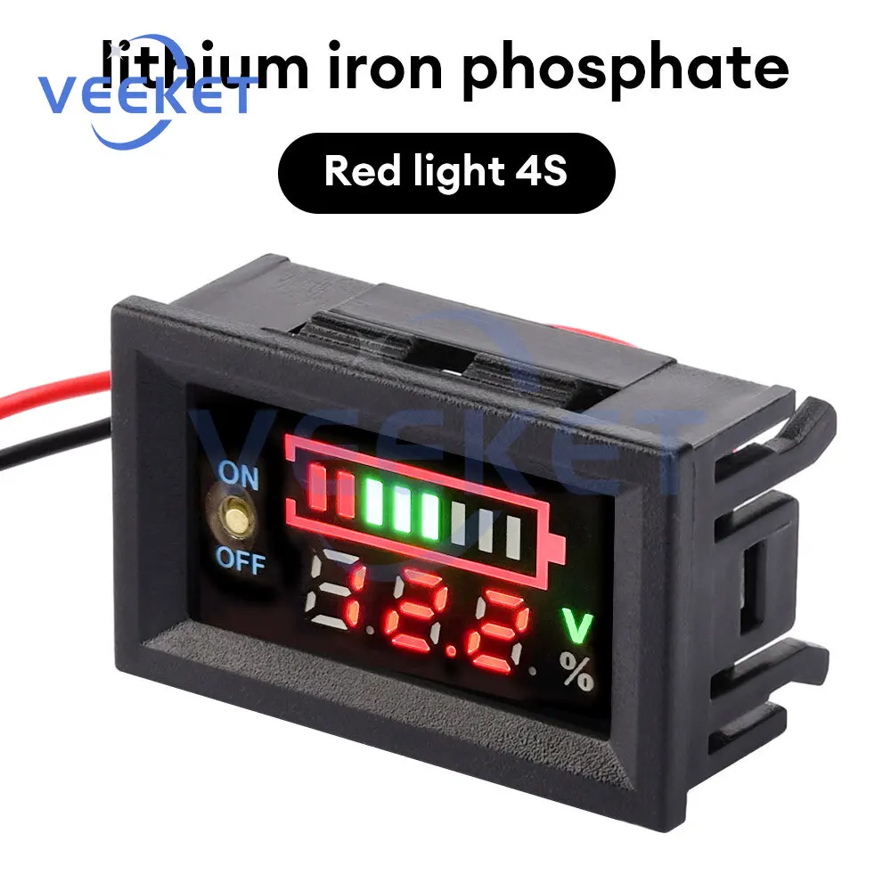 

LED Digital Display Lithium Battery Voltmeter 2S 3S 4S Capacity Tester with Switch Universal Fit for Most Automotive Batteries