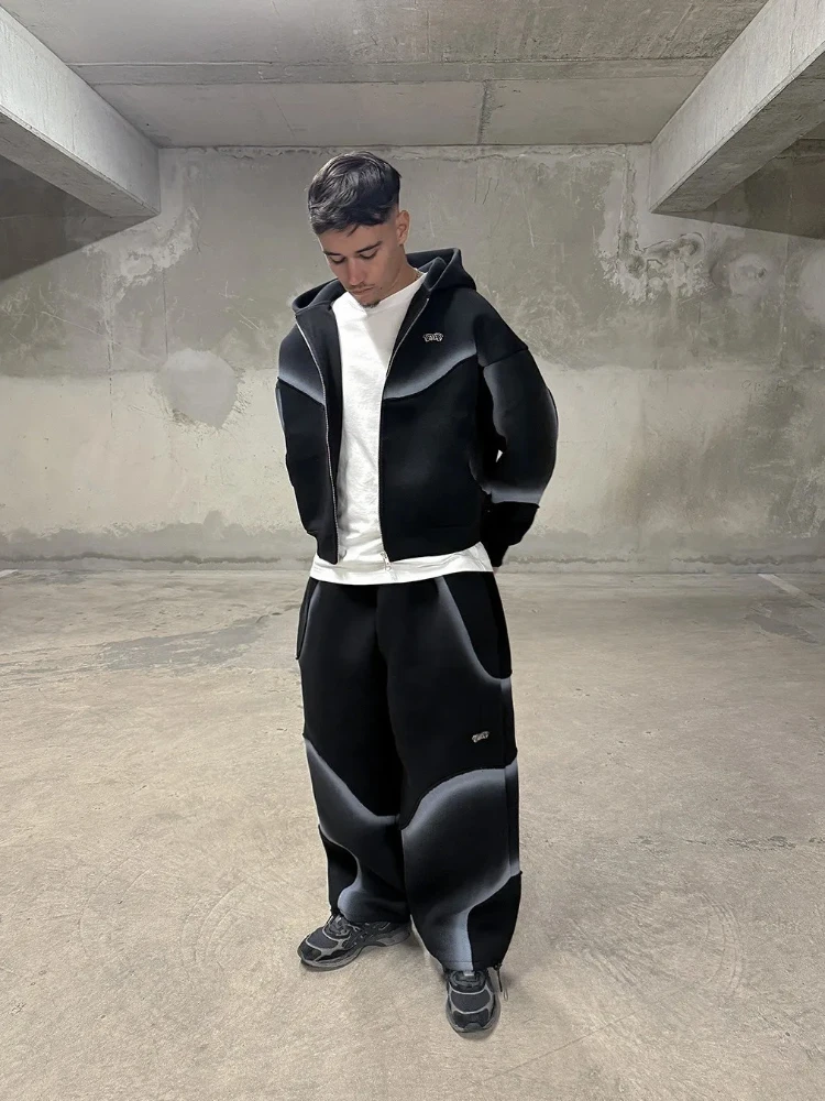Gradient Hooded Cardigan Sweatshirt, Unisex Loose Comfortable High Street Jacket Pants, American Retro Design
