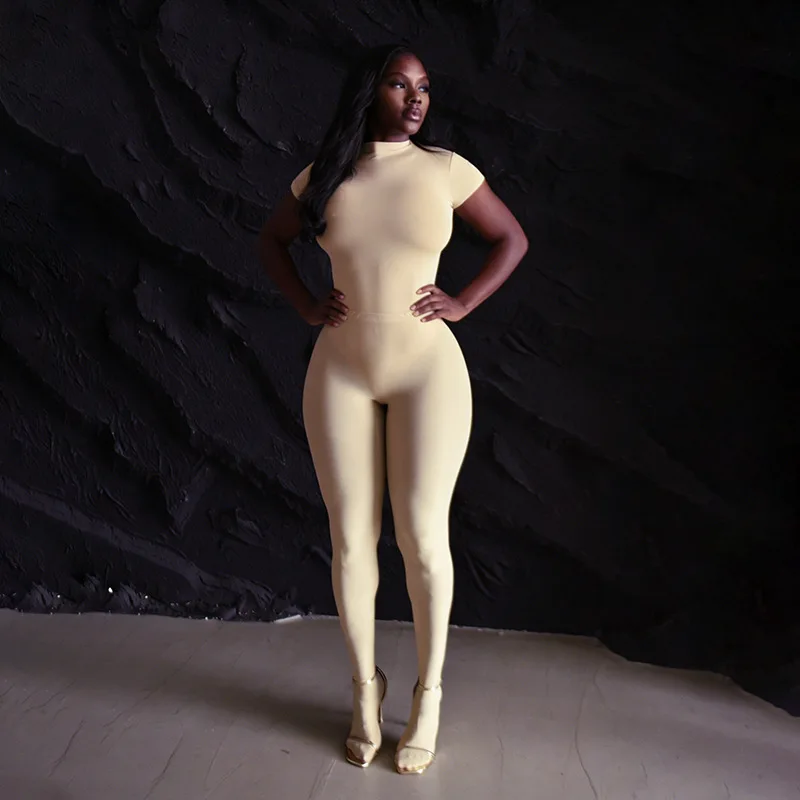 Fitness Workout Skinny 2 Piece Set Women Solid Half High Collar Short Sleeve Bodysuits Top + Footed Legging Pants Slim Tracksuit