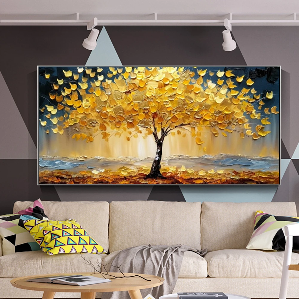 Abstract Golden Tree Prints Oil Painting on Canvas Yellow Life Tree Wall Art Modern Lucky Money Tree Canvas Poster Home Decor