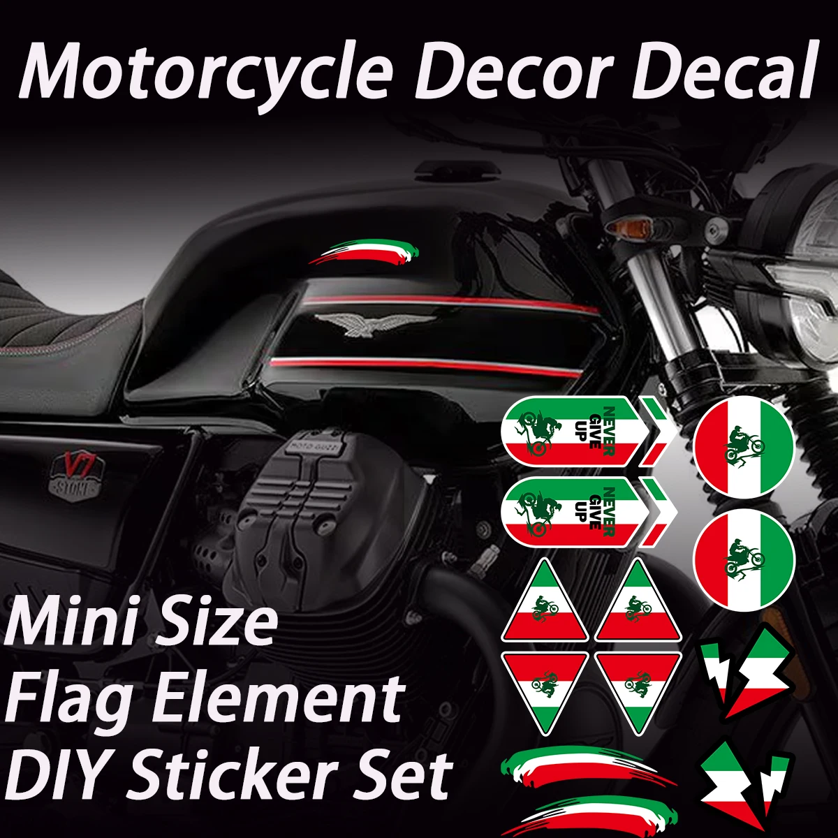 

Italian Flag Themed Motorcycle Body Sticker for Moto Guzzi V7 Mini-Sized Reflective Waterproof DIY Vinyl Aluminum Combo Decals