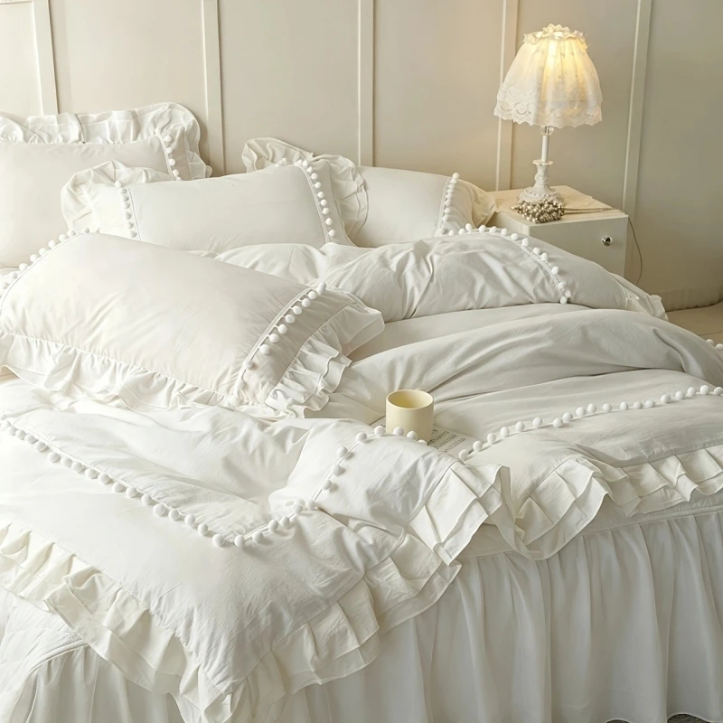 Off White Pom Pom Decor Duvet Cover Set, Girl Style Double Ruffle 3Pcs Bedding Set Soft Skin Friendly, Single Double Queen King