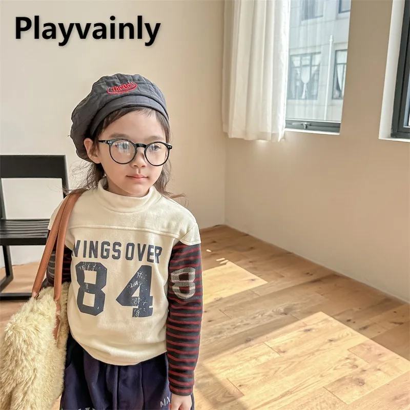 

Korean Style Children Sweatshirts Autumn Winter Letter Print Fleece Warm Boys Girls Pullover Tops Kids Mock Neck Hoodie A3651