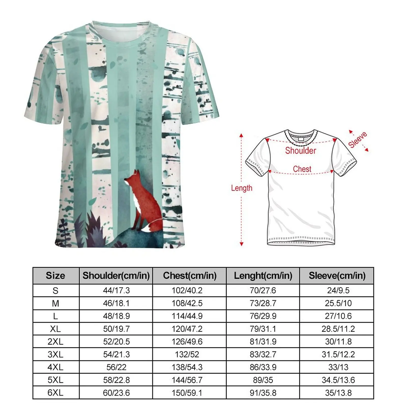 Red Fox Print T-Shirt For Mens The Birches Print O Neck T Shirts Beach Harajuku Clothes Short Sleeve Plus Size Tee Shirt Present