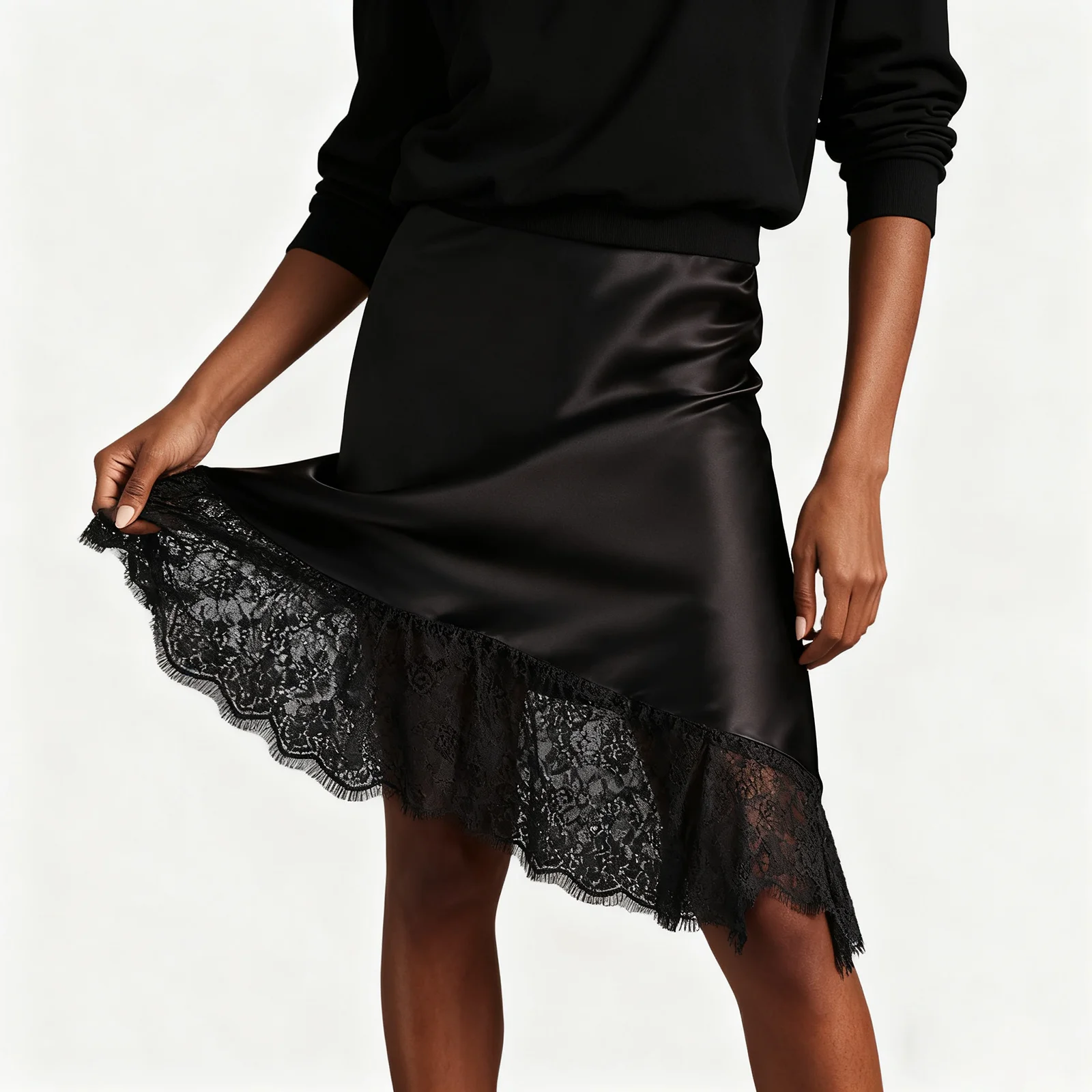 

Женская юбка-миди, стильная кружевная отделка по подолу, юбки со средней посадкой для элегантных черных атласных юбок-миди