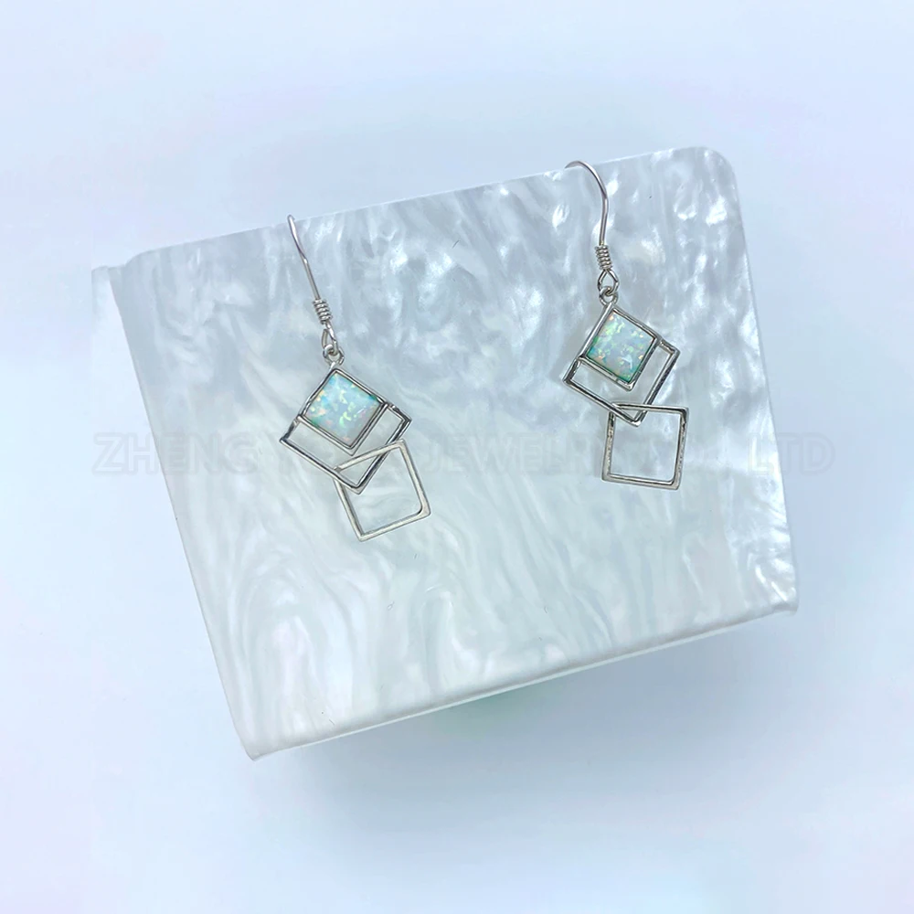Geometric Square Pendant Stud Earrings for Women 925 Silver Opal Jewelry Earrings