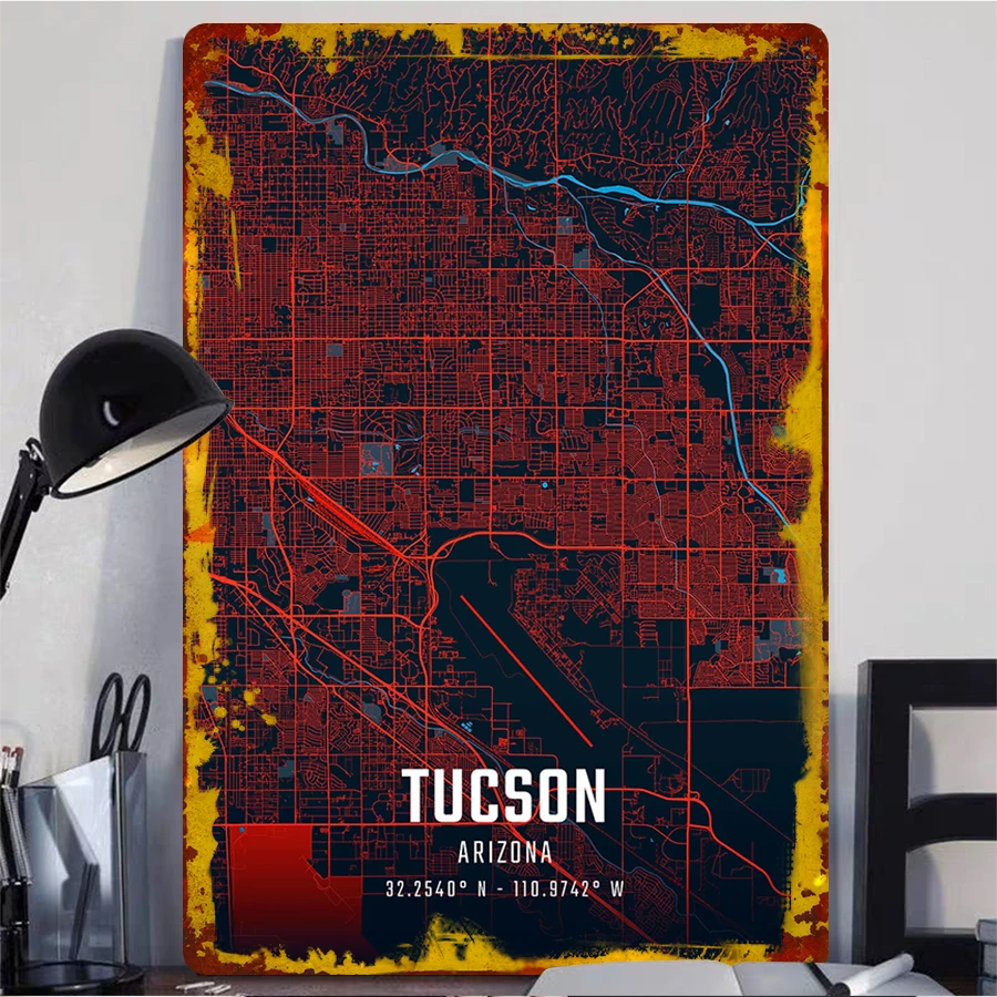 Tucson Arizona City Map Metal Wall Art Modern Urban Decor for Home Office Vintage Style Geometric Print