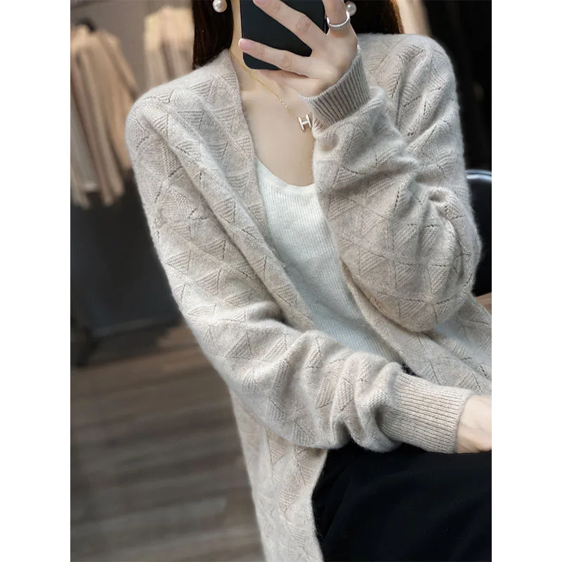 100% pura lana maglione donna giacca lavorata a maglia di media lunghezza 2022 autunno e inverno Cardigan a maniche lunghe spesso con scollo a v Top