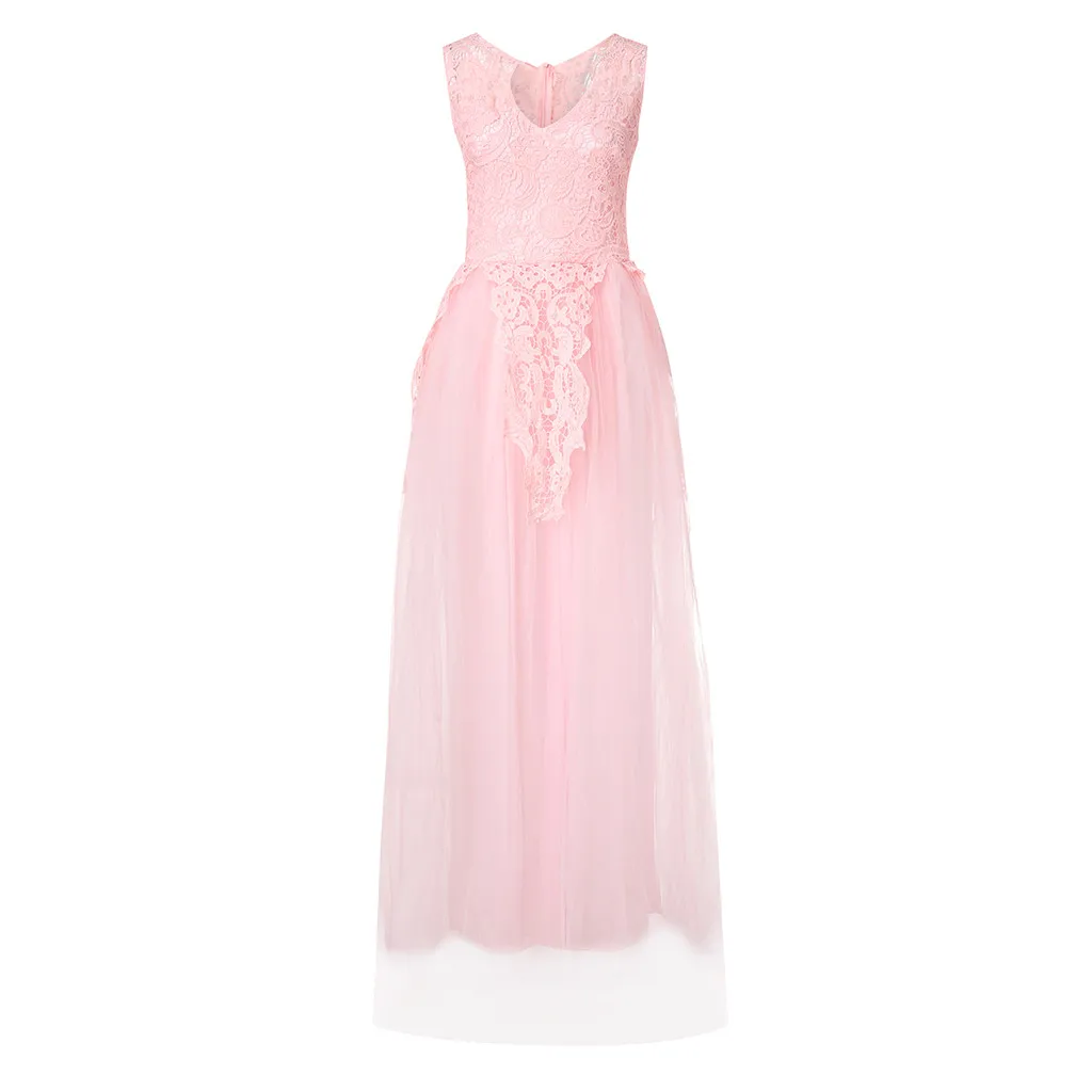 Vrouwen Bloemen Kant Roze Jurk Bruiloft Elegante Chiffon Avond Feest Maxi Jurk Baljurk V-Hals Mouwloze Lange Jurk Vestidos