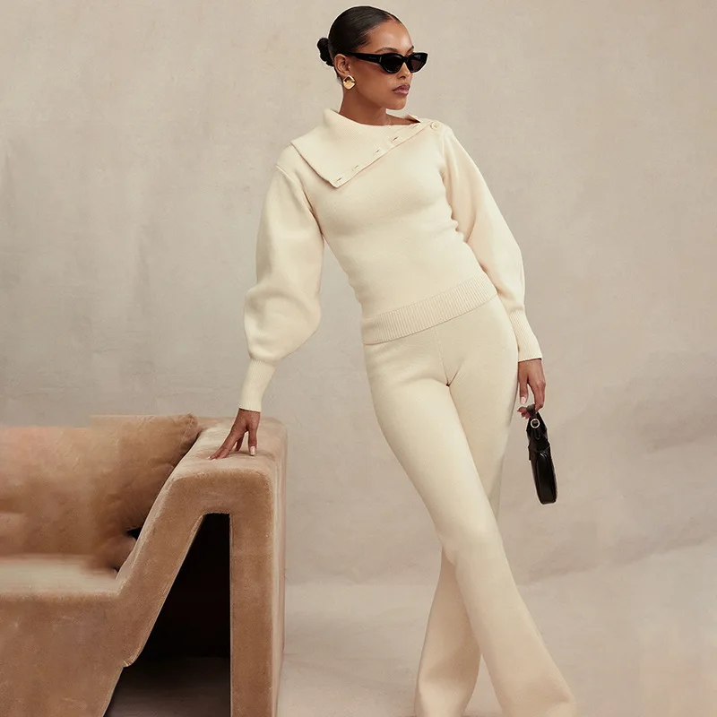 

Sexy Trendy Knitted Set with Long Sleeve Straight Leg Pants Hat 2023 Winter New Arrival Two Piece Set Comfortable Breathable
