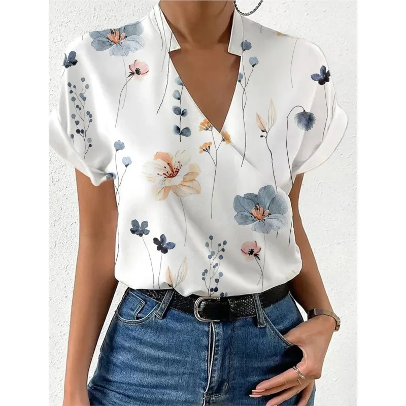 Fashion Flower Print Shirts For Women New Summer Loose V-neck Stand Collar Short Sleeve Top Blouses Female Elegant Casual TShirt