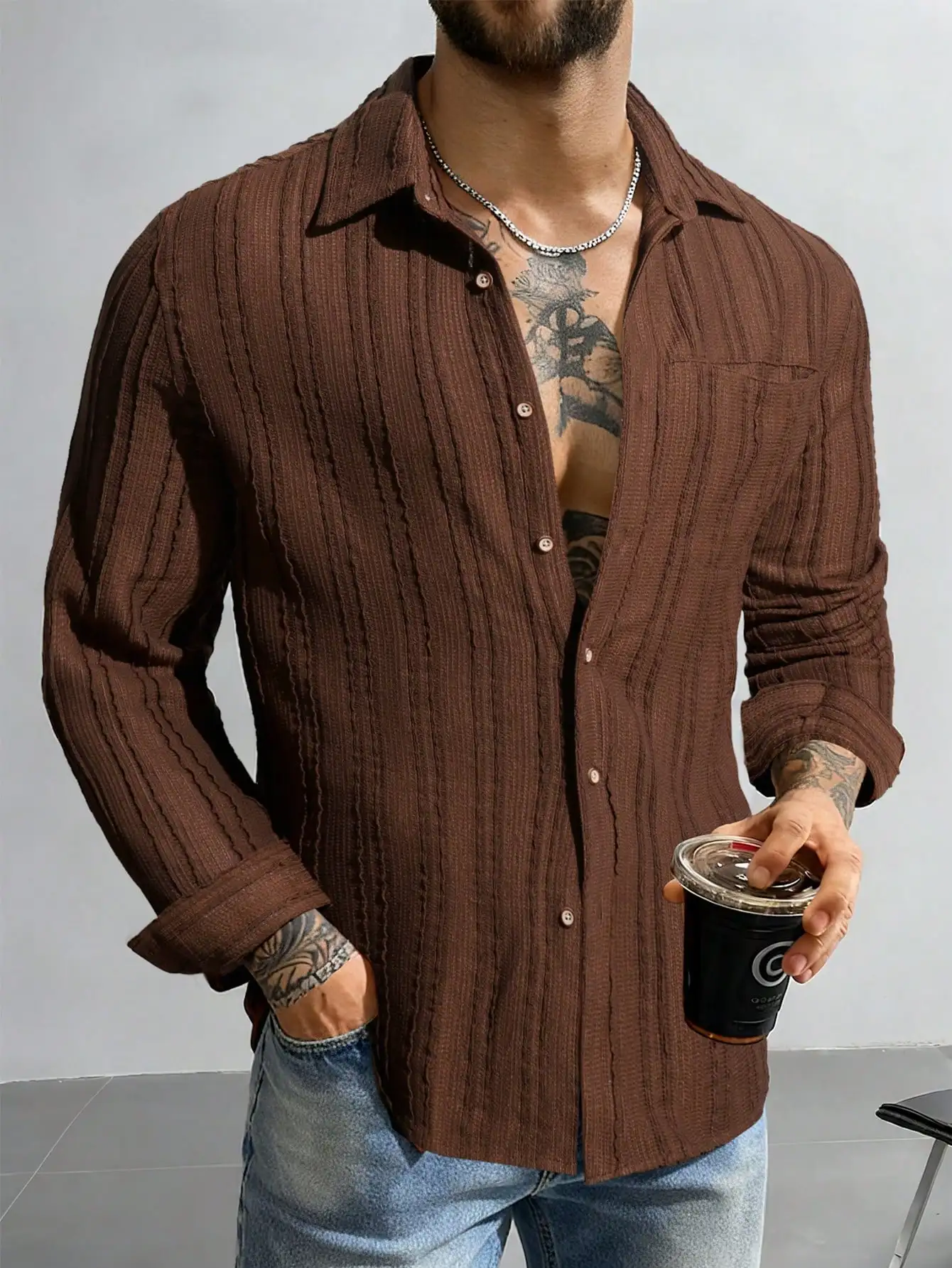 

Men's Casual Solid Brown Textured Long Sleeve Button-Down Shirt for Autumn