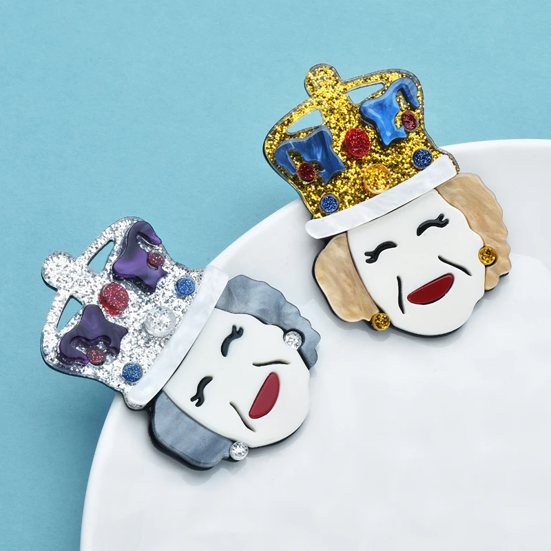 Wuli&baby Acrylic Wear Crown Queen Brooches Pins For Women 2-color Beautiful Smile Lady Figure Party Office Brooch Pins Gifts