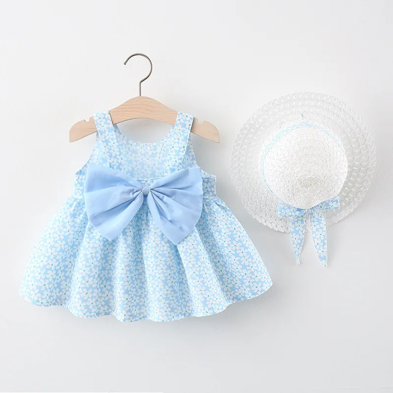 2Pcs Summer Dresses+Sunhat Newborn Clothing Set Baby Girls Beach Princess Dress Cute Bow Flowers Sleeveless Cotton Toddler