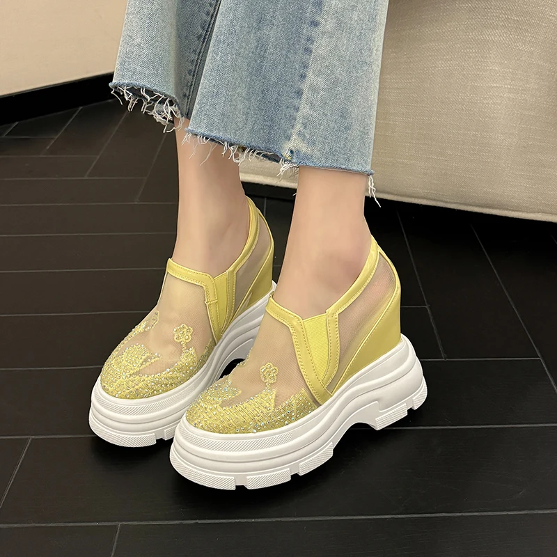 Krazing Pot Breathable Mesh Crystal Increase Wedges Super High Summer Shoes Slip On Loafers Casual Comfort Platform Women Pumps