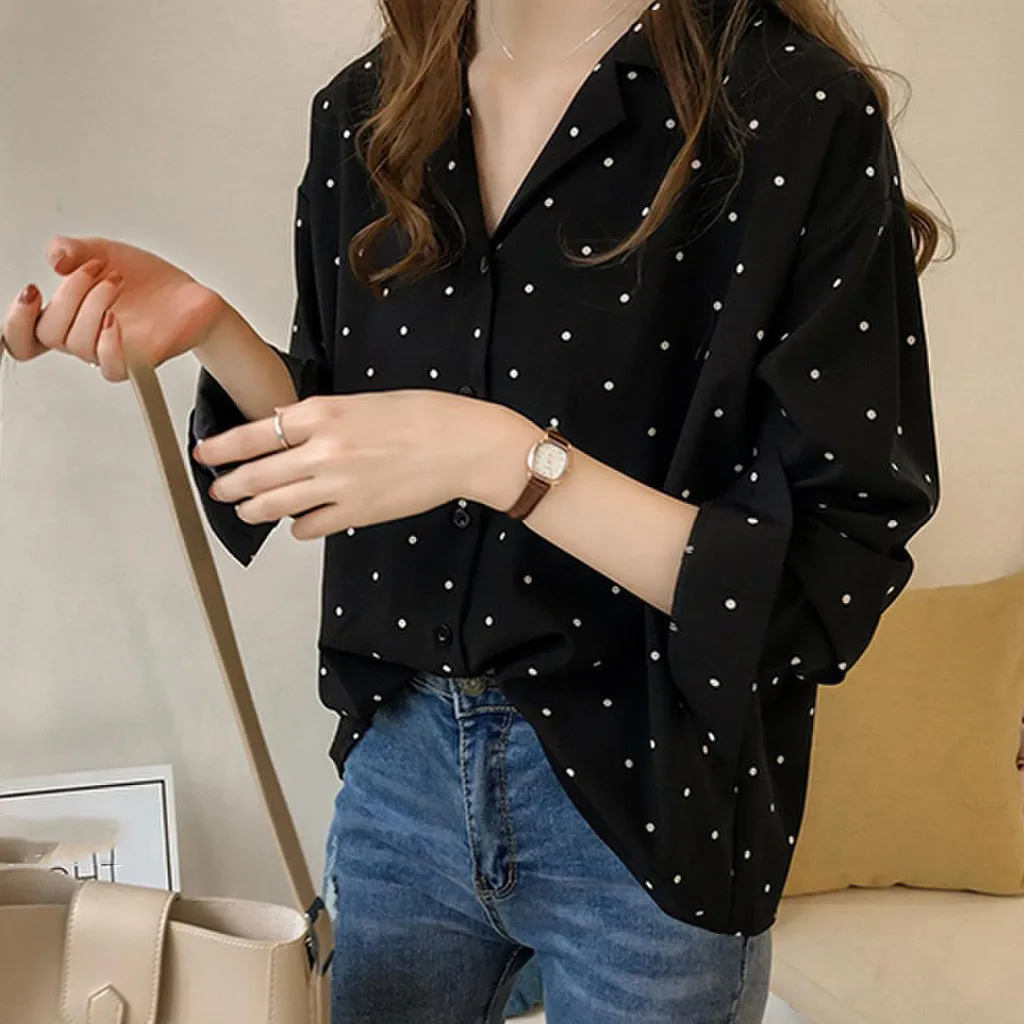 2024 Summer Women Tops Casual V-Neck Long Sleeves Blouses Summer Office Chiffon Polka Dots Shirt Womens Tops And Blouses