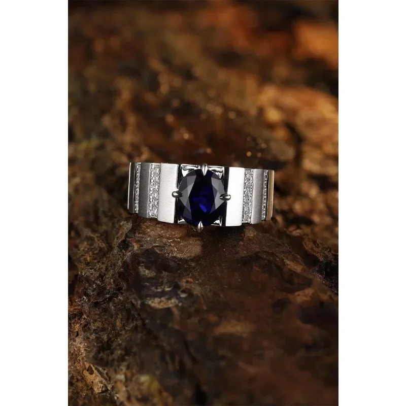 Ruihe Customeized Silver 925 about 2.47Ct Oval Lab Grown Sapphire Couple Ring Fashion Jewelry for Men Engagementring Present