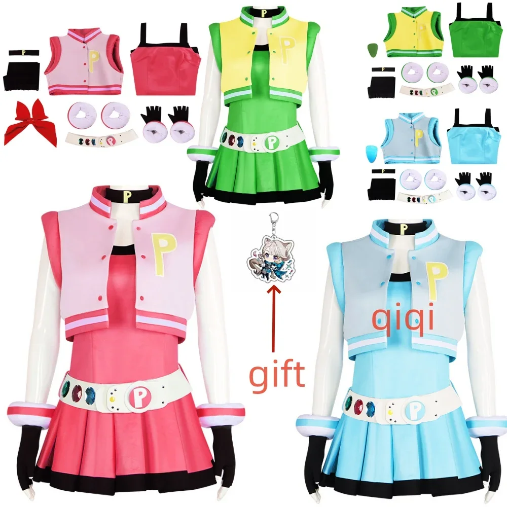 

Power Cos Puff Girls Cosplay Costume Hyper Blossom Rolling Bubbles Costume Vest Coat Dress Outfit Hairband Gloves Belt