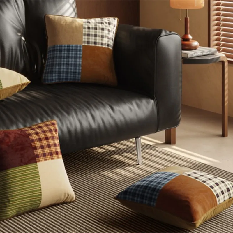 Vintage Blockförmiges Dekokissen, Weiches Samtkissen mit Gitterdesign, Dekoratives Bonjour-Kissen für Sofa, Bett, Wohnzimmer 45cm