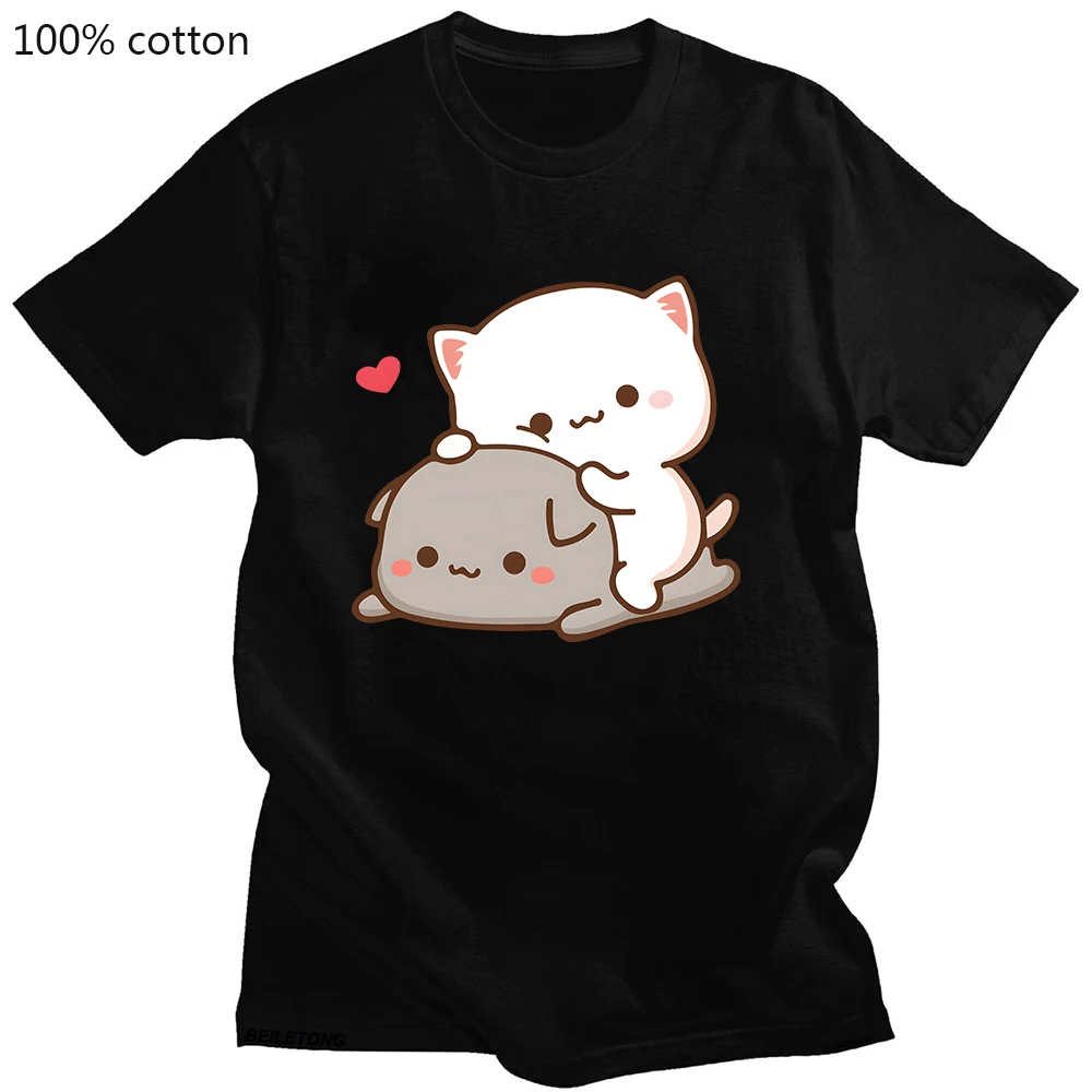 Pfirsich Katze Goma und Mochi T-shirt Neue Sommer Stil T Hemd Femme Nette Print Frauen T-shirt Mode Harajuku paar 100% Baumwolle