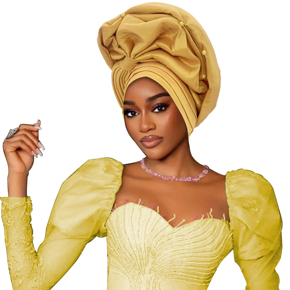 

African Female Head Wraps Raw Silk Turban Cap for Women Nigeria Wedding Party Headcover Hat Ready to Wear Head Ties