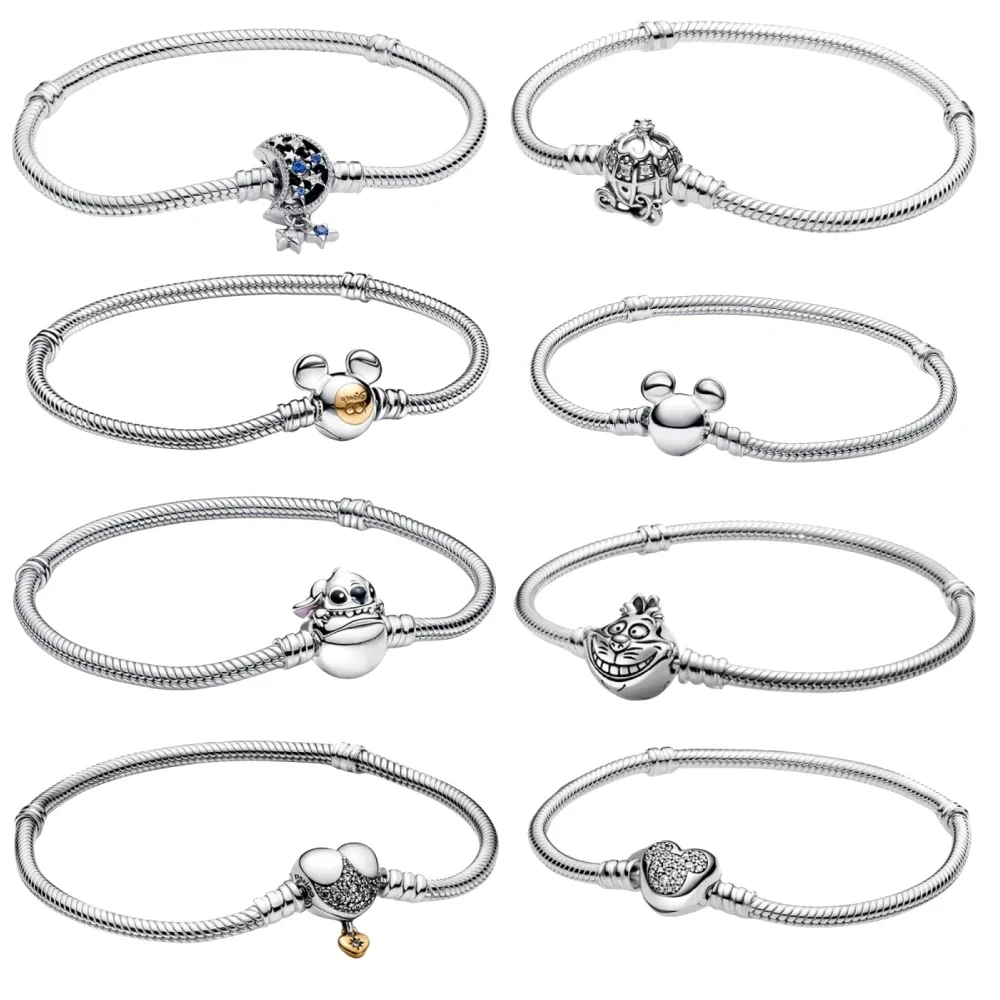 New S925 Silver PANJIA Disney Bracelet Shiny Mickey Mouse Heart-Shaped Clasp Snake Chain Suitable for DIY Original Bracelet