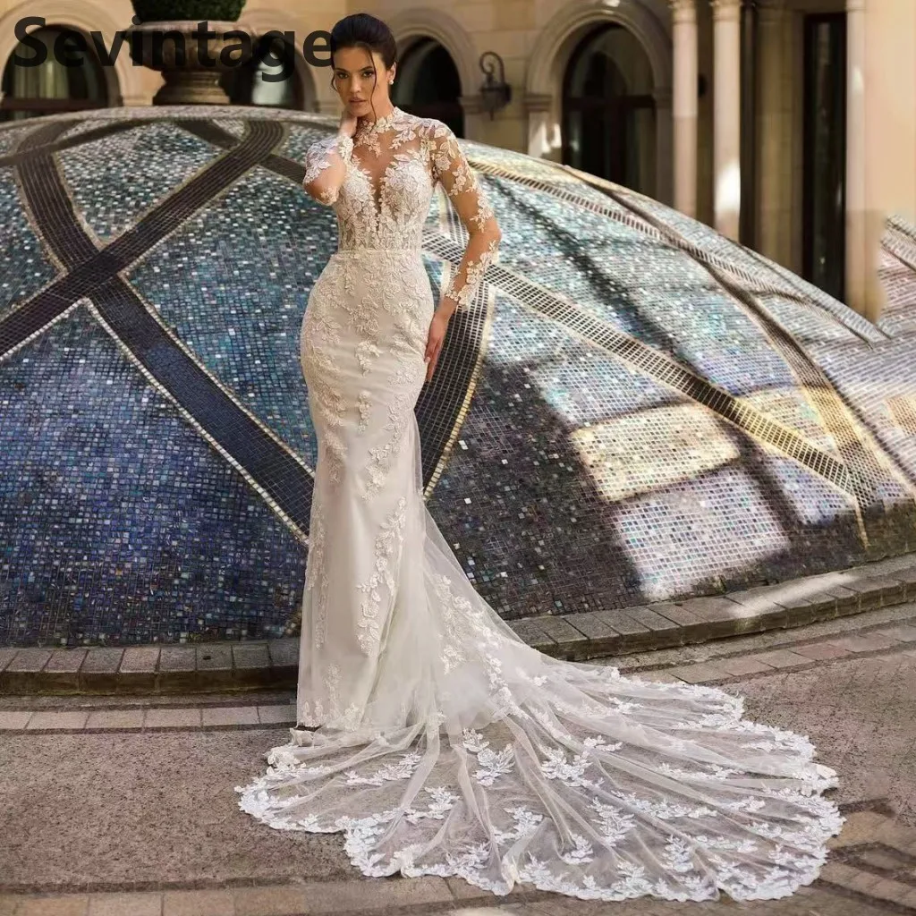 Sevintage 2025 New Luxury Long Train Illusion Neck Wedding Dress Lone Sleeve Lace Appliques Court Train Bridal Gowns Customized