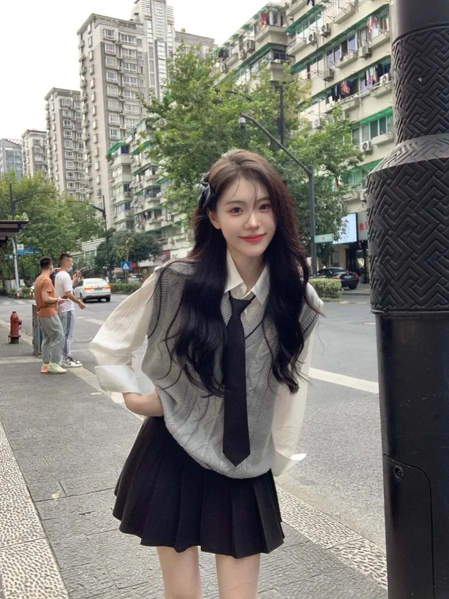 

College Style Knitted Grey Twist Vest Shirt Skirt Set Women Early Autumn Retro Anti-Aging Three-piece Suit Polyester Fabric