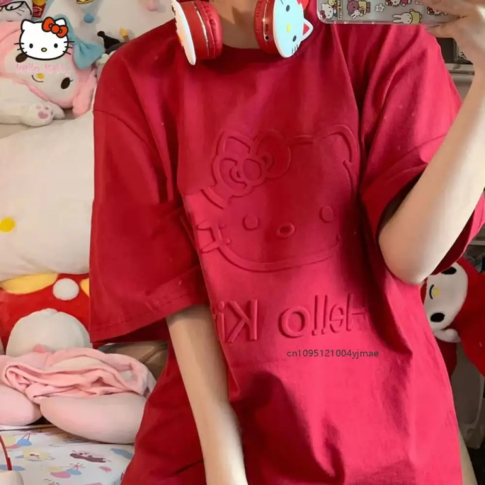 

Sanrio Hello Kitty Women Short-Sleeved T-Shirt Kawaii Ins Sweet Student Cute Red Top 2025 Summer New Loose Round Neck T-Shirt