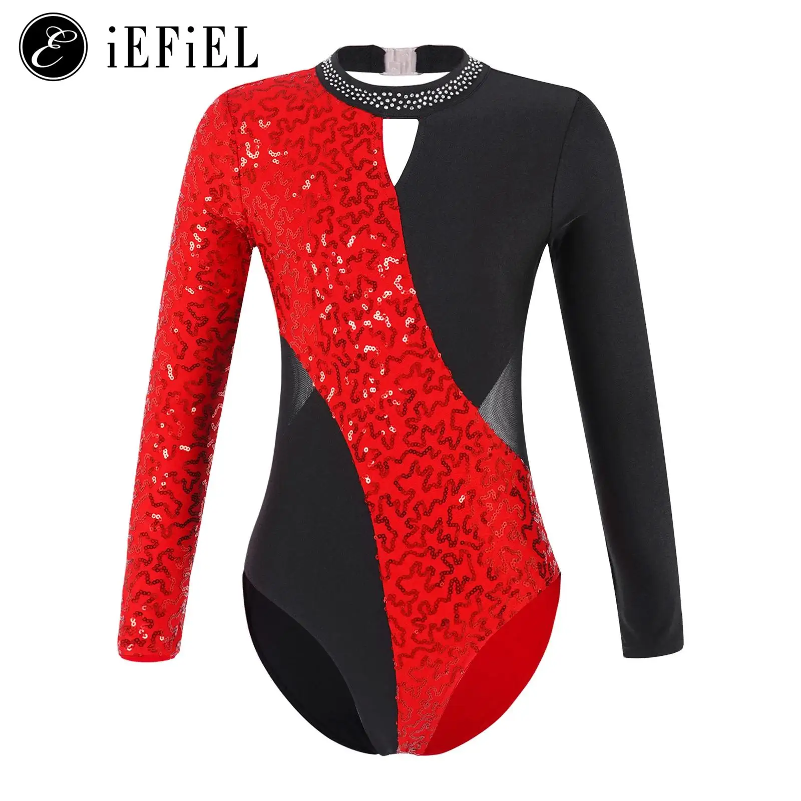 Kids Girls Sequins Long Sleeve Leotard Bodysuit Jazz Latin Dance Stage Performance Costume Modern Contemporary Dancewear