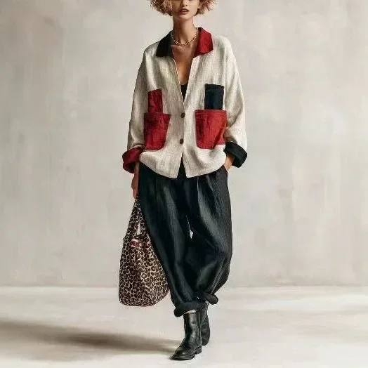 Women Linen Blend Color Block Patchwork Jacket Lapel Long Sleeve Button Front Loose Casual Shirt Coat Multi Pockets Streetwear O