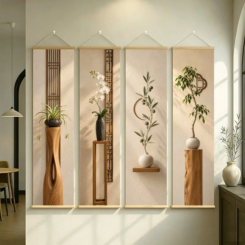 Wall Art Weeping Fig and Olive Branch, Natural Wabi-Sabi Botanical Silver Shimmer Canvas Hanging Scroll for Zen Sanctuary