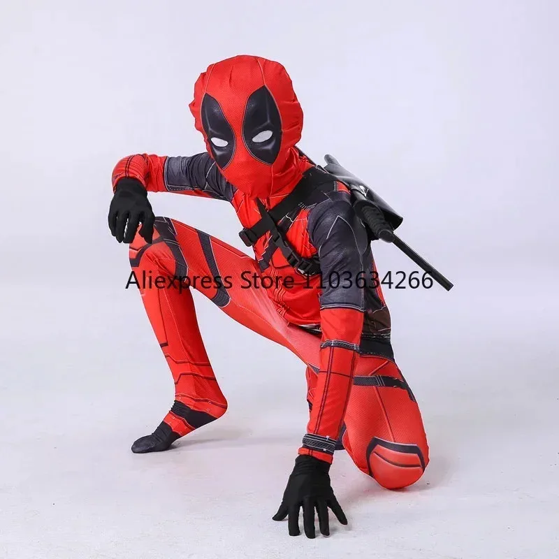 Una familia amorosa disfraz de Deadpool para adultos hombres mujeres niños Cosplay máscara traje mono mochila cuchillo accesorios superhéroe H 2025 nuevo