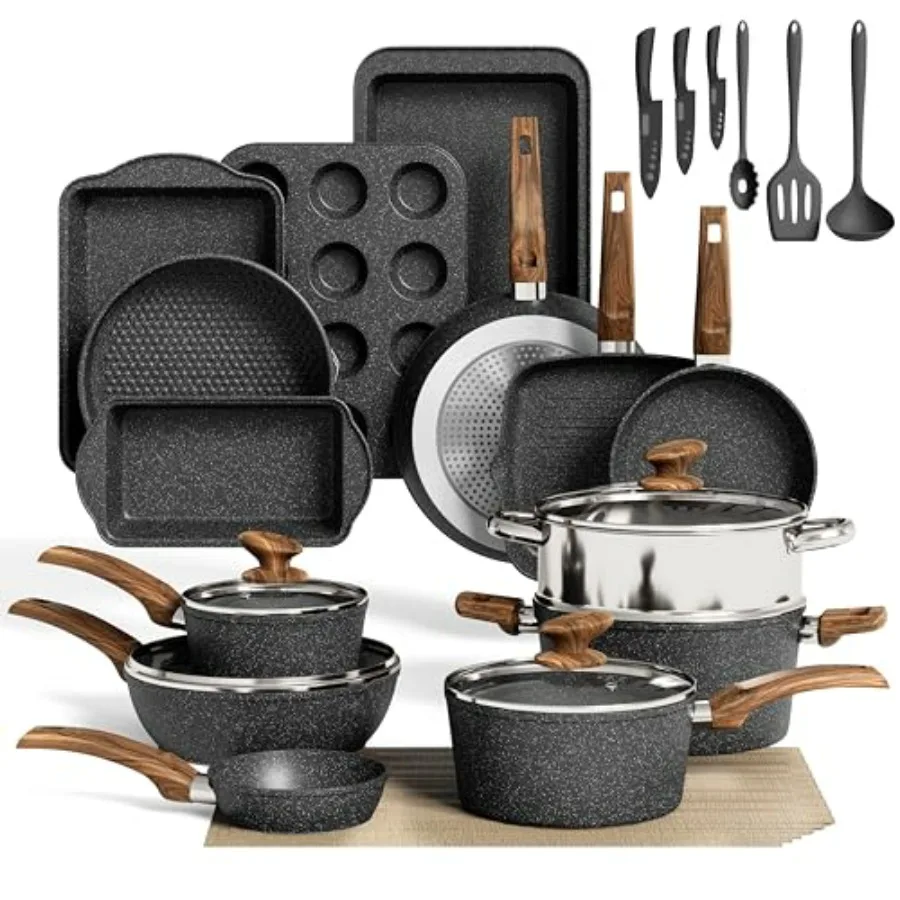 

30Piece NonStick Kitchen Cookware and Bakeware Set with Granite Coating for Efficient Cooking and Baking Ideal for Home Kitchen