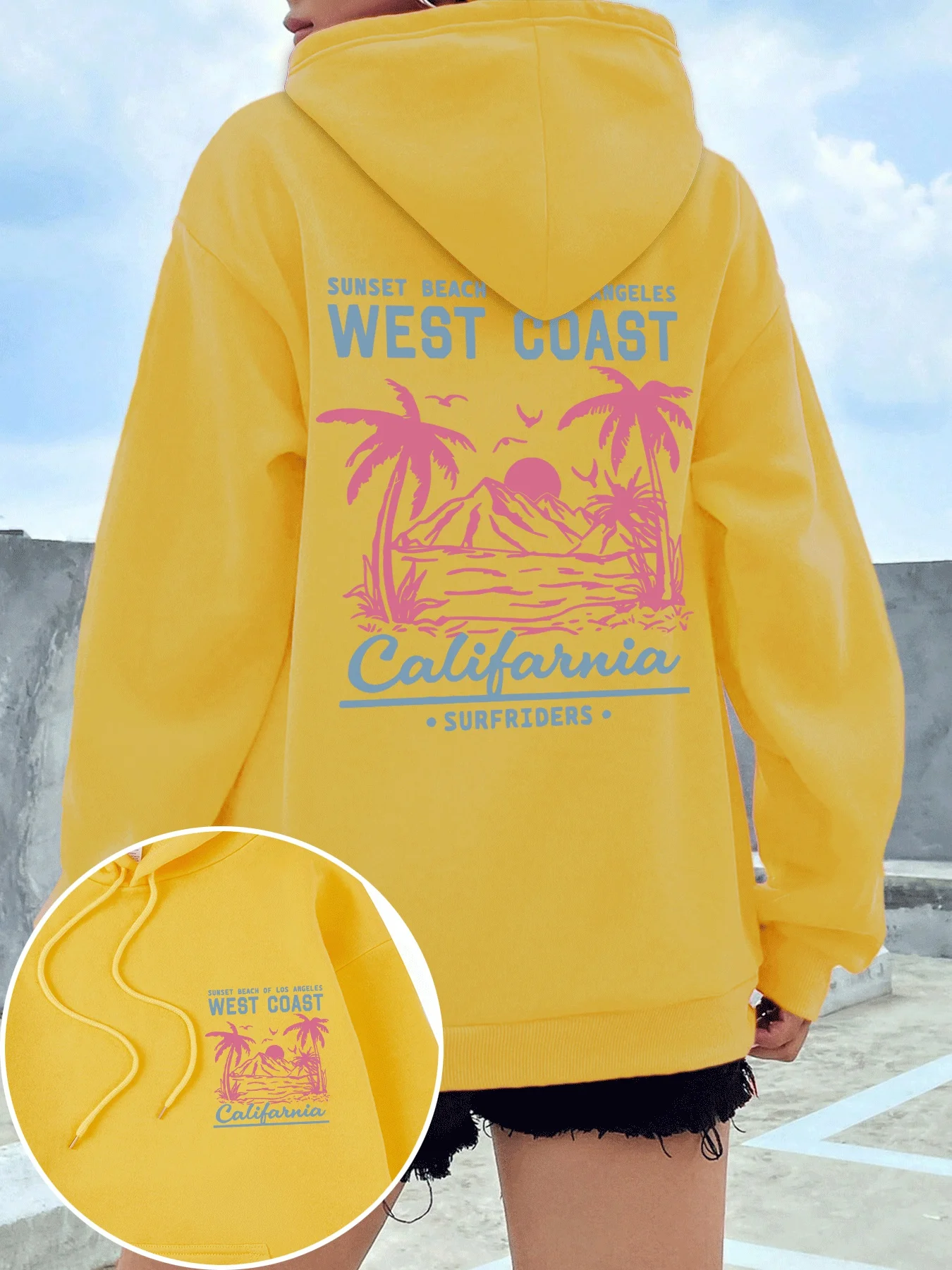 

Калифорния, Западное побережье, пляжные женские толстовки с принтом, свободная толстовка с карманами, повседневная флисовая толстовка Y2K, мягкая женская одежда в стиле Харадзюку