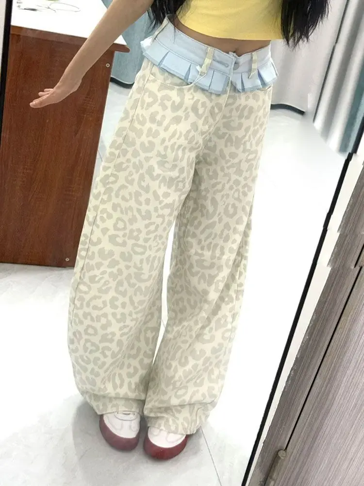 와이드 레그 팬츠 여성용 봄 러플 쉬폰 플리츠 힙스터 경량 시크 미학 통기성 레저 레트로