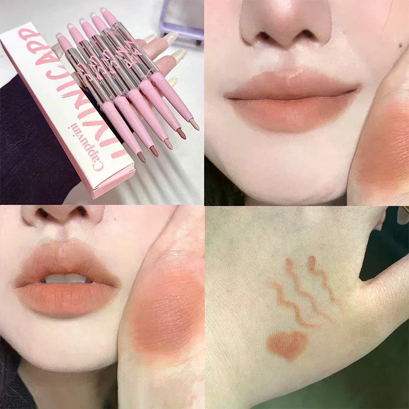 1PCS Double-headed Nude Matte Lip Liner With Fluffy Lip Brush Lip Makeup Long Last Velvet Matte Mist Lipstick Outline Lips