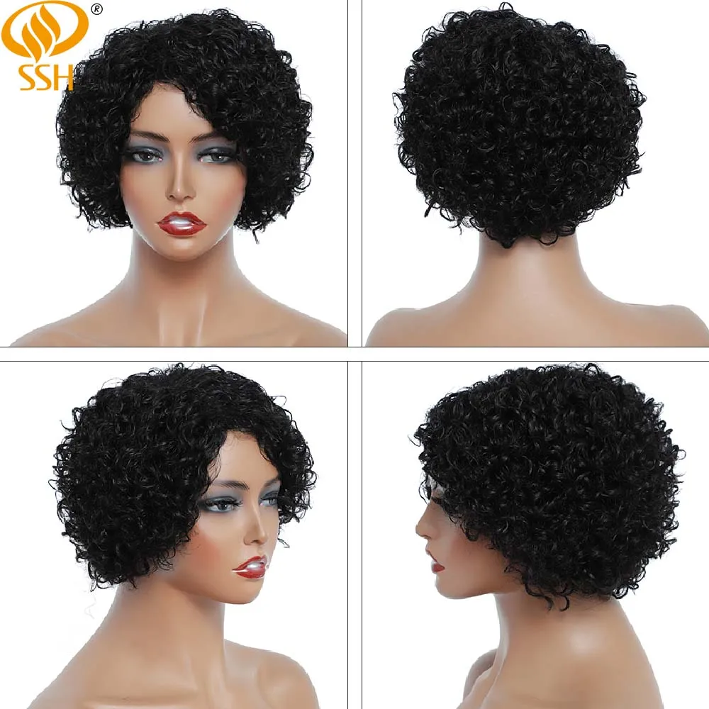 Wear Go Glueles Curly Wigs Short Pixie Cut Human Hair For Women Natural Black Remy Hair 150% Density Cheap Side Part Human Wigs