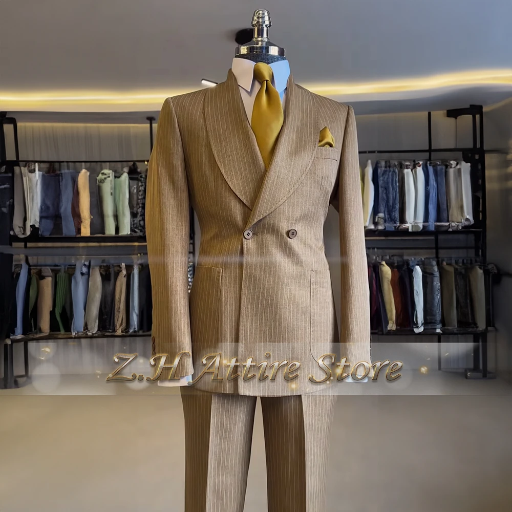 

Brown Pinstripe Double-Breasted Suit for Men Shawl Lapel Jacket Pants 2pcs Custom-made Set for Wedding Groom Dinner Party Tuxedo