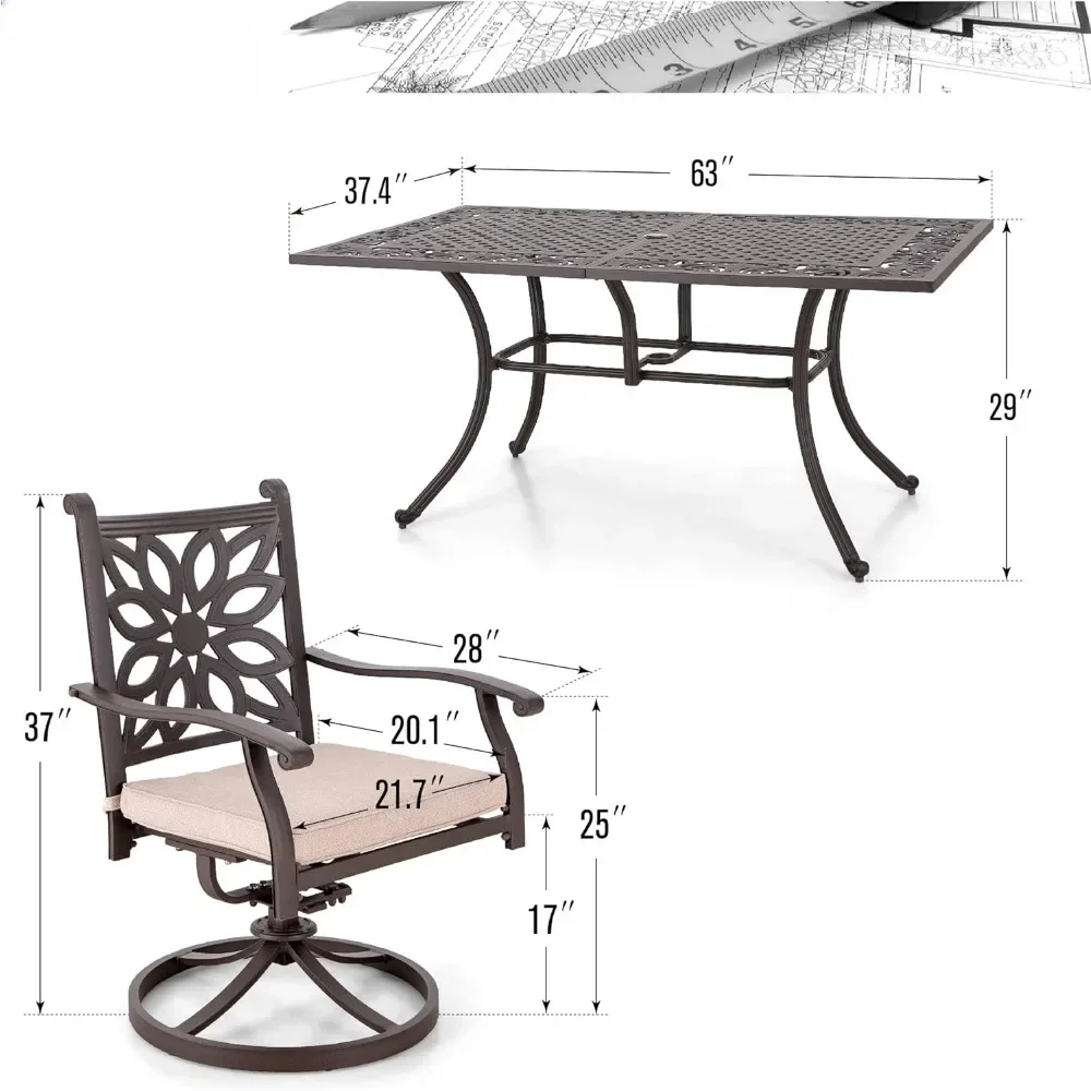 Aluminum Patio Dining Set for 6, Extra Wide Dining Chairs with Cushions, All Weather-resistant, Easy To Clean, Outdoor Tables