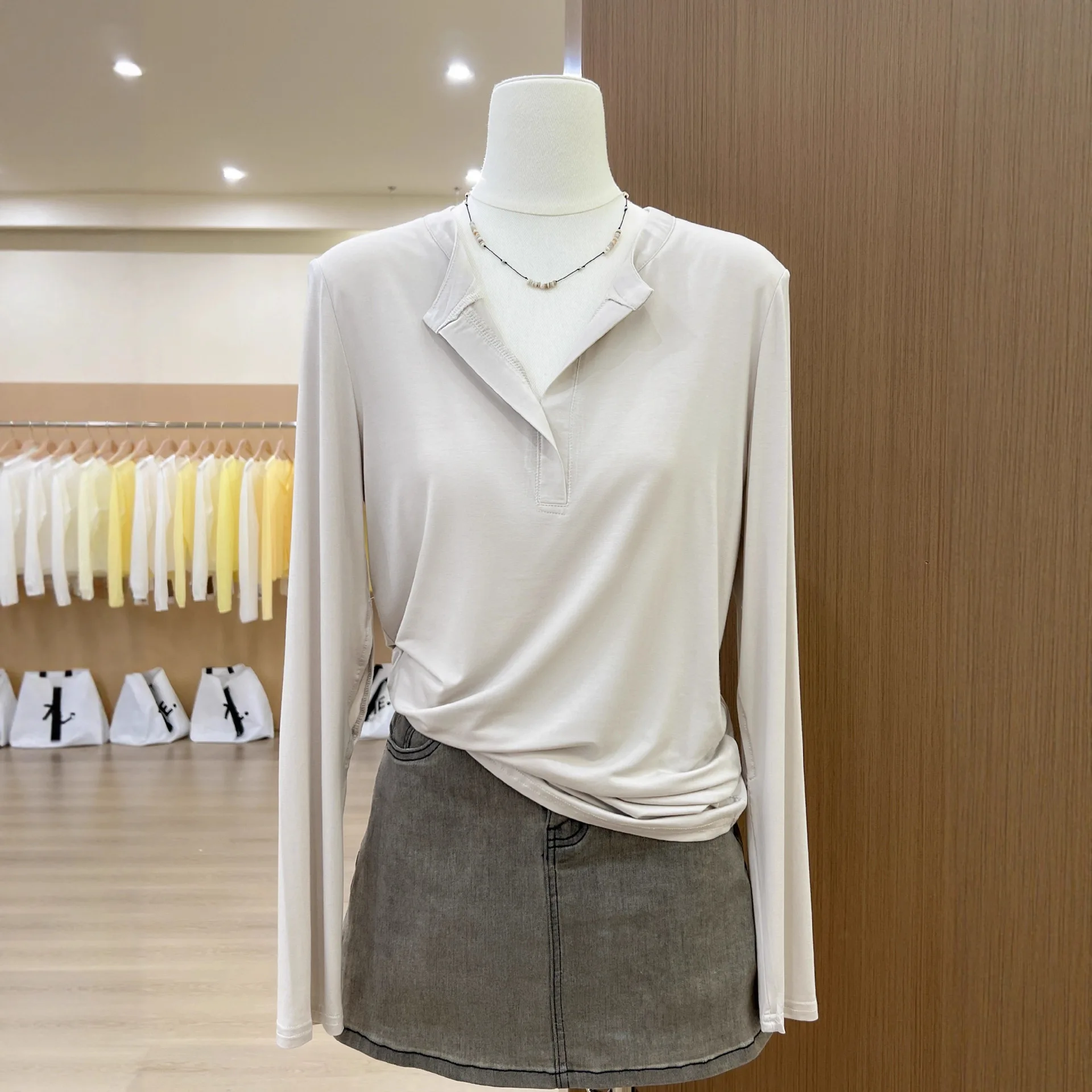 Temperament Fashion Generous Half Open Neck Front Shoulder Long Sleeve T-shirt 2026 Spring Summer Fashion Comfortable Top