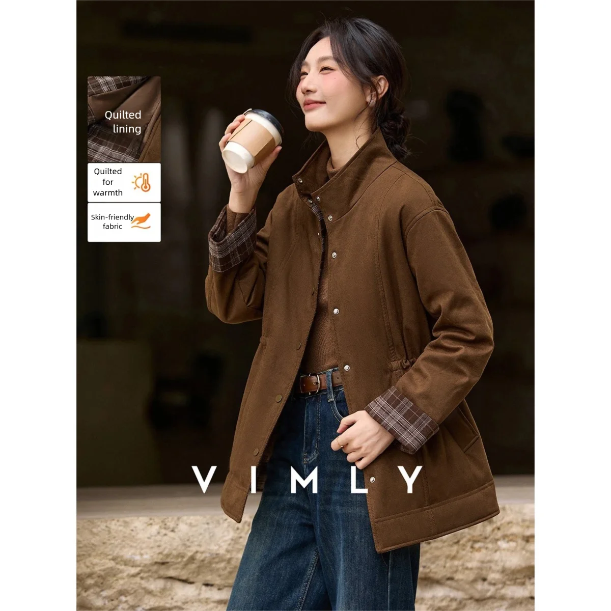 

VIMLY Trench Coat for Women 2025 Commuting Stand Neck Thickening Cotton Padding Coat Single Breasted Women Winter Coats A3309