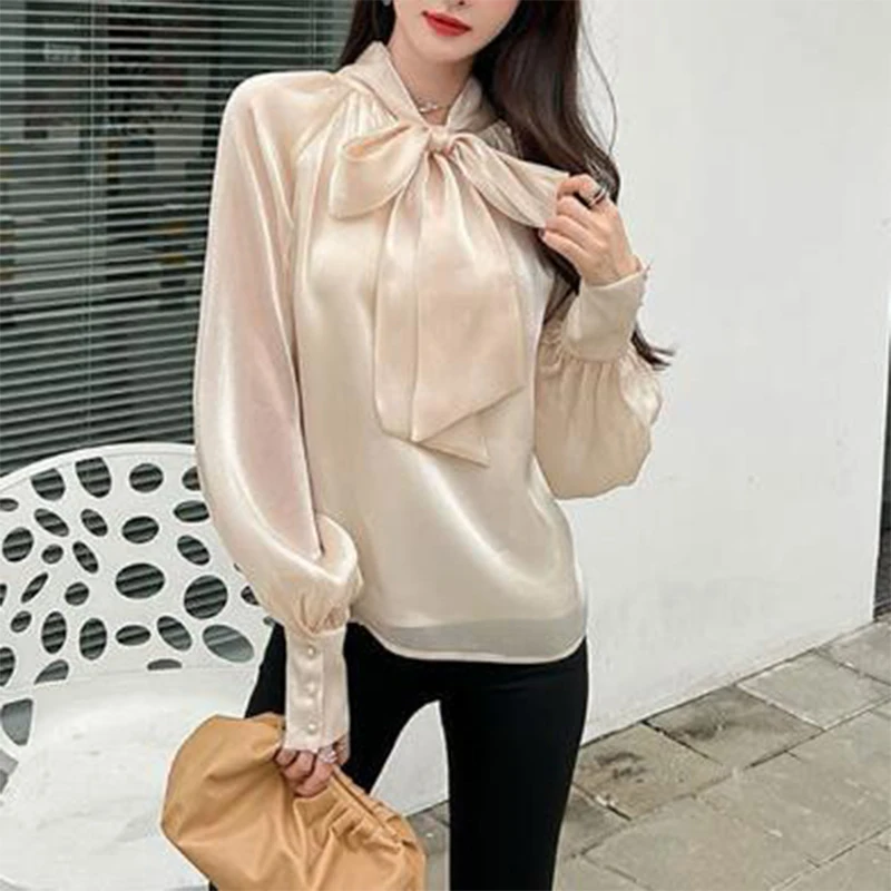 Spring Autumn Women\'s Elegant Fashion Bow Solid Shiny Shirt Ladies Long Sleeve Temperament All-match Blusa Buttons Blouse Femme