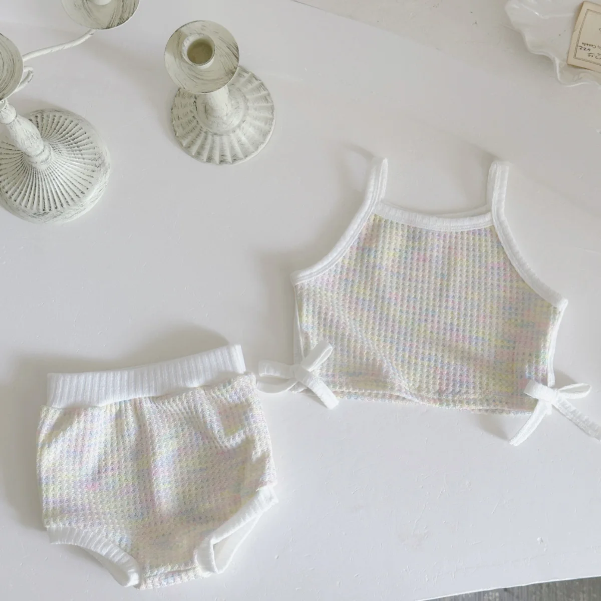 2Pcs/set Summer New Baby Girls Clothing Casual Newborn Set Bow Tie Decoration Cute Colorful Vest-type T-shirt+Shorts Baby Set