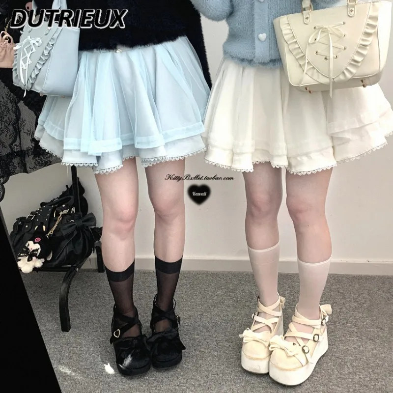 Sweet and Cute Girl High Waist Lace-up A-line Short Skirt Summer Japanese Mine Diamond Buckle Big Swing Yarn Mini Skirts