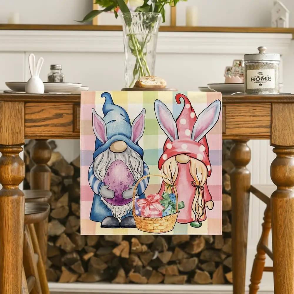 Easter Bunny Gnomes Eggs Colorful Plaid Linen Table Runner Party Decor Spring Holiday Kitchen Dining Table Runners Dresser Scarf