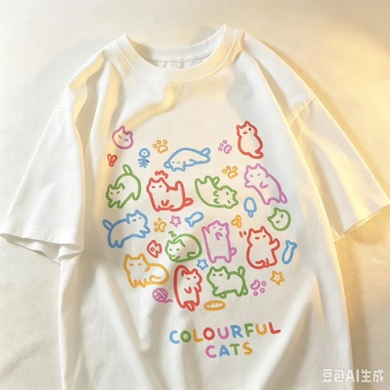 2026Colorful Cat Baby Pure Trendy Summer Loose Short Sleeved T-shirt Men Women Original Colorful Cat Pose Cute Tees Couple women