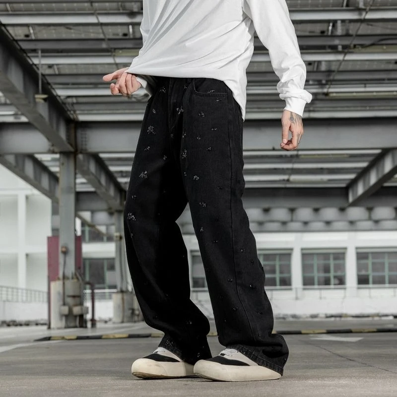 New American Streetwear Brand Loose Straight-leg Sequined Washed Jeans and Fashionable Men's Trousers Jeans for Man Man Pants
