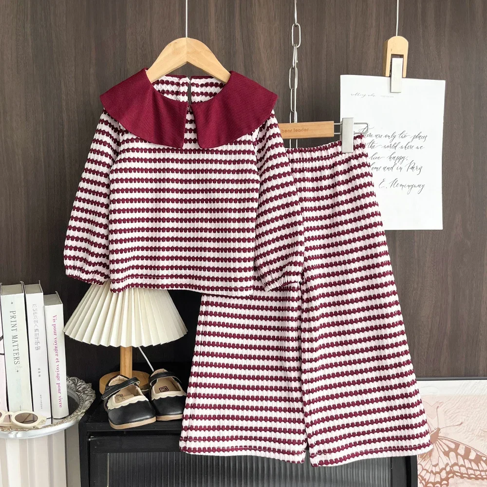 Spring Autumn Children's Clothing Girls 2Pcs Clothing Set Long Sleeve Striped Top Wide Leg Trousers Casual Kids Outfit 3-7Y